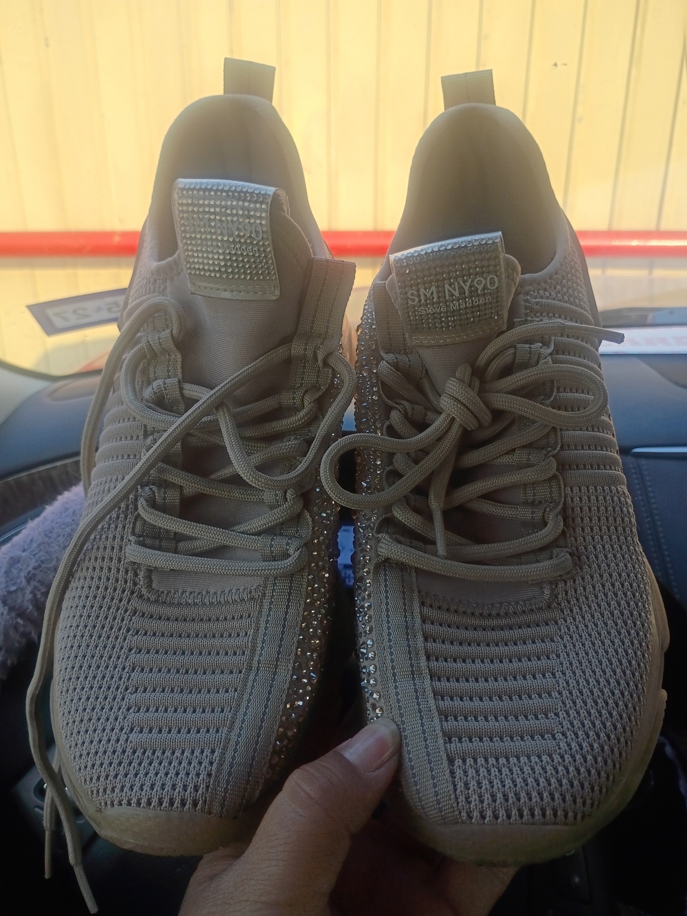 Steve Madden Women's Beige Knit Sneakers with Rhinestone Trim
